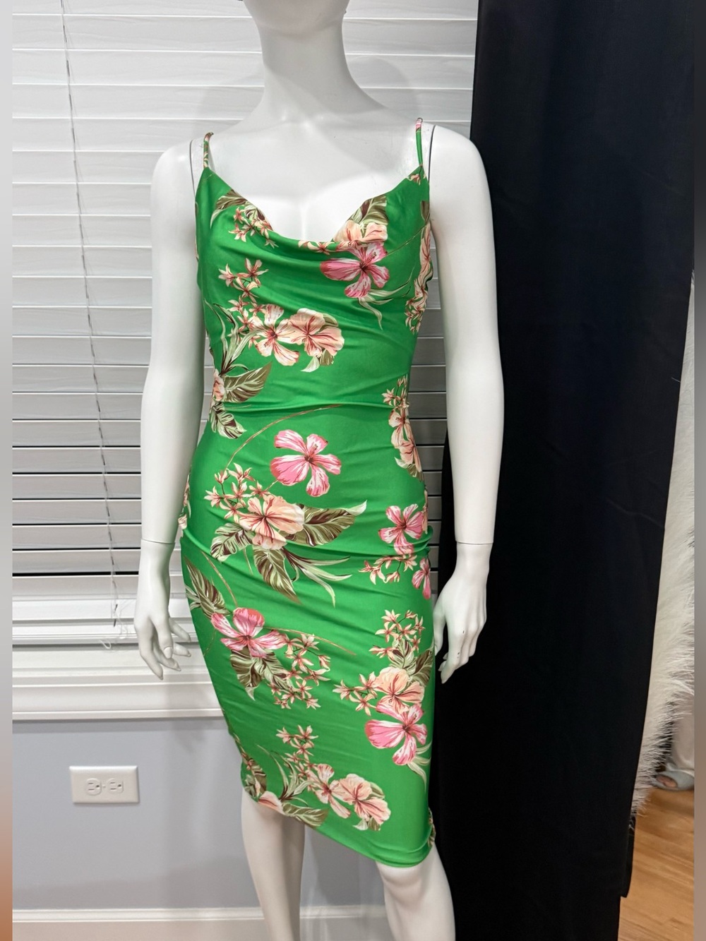 iris Green Floral Cowl Neck Midi Dress